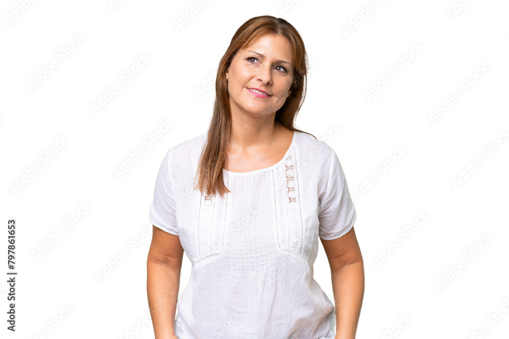 Middle-aged caucasian woman over isolated background thinking an idea while looking up Middle-aged caucasian woman over isolated background thinking an idea while looking up