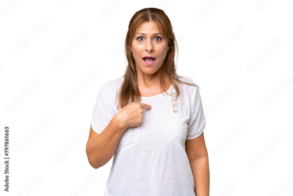 Middle-aged caucasian woman over isolated background with surprise facial expression Middle-aged caucasian woman over isolated background with surprise facial expression