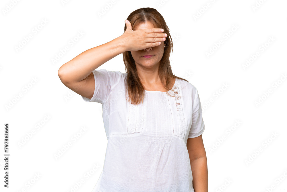 Middle-aged caucasian woman over isolated background covering eyes by hands. Do not want to see something Middle-aged caucasian woman over isolated background covering eyes by hands. Do not want to see something