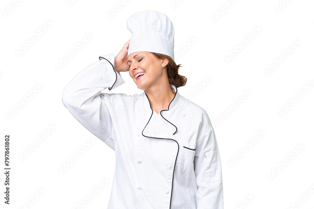 Middle-aged chef woman over isolated background has realized something and intending the solution Middle-aged chef woman over isolated background has realized something and intending the solution