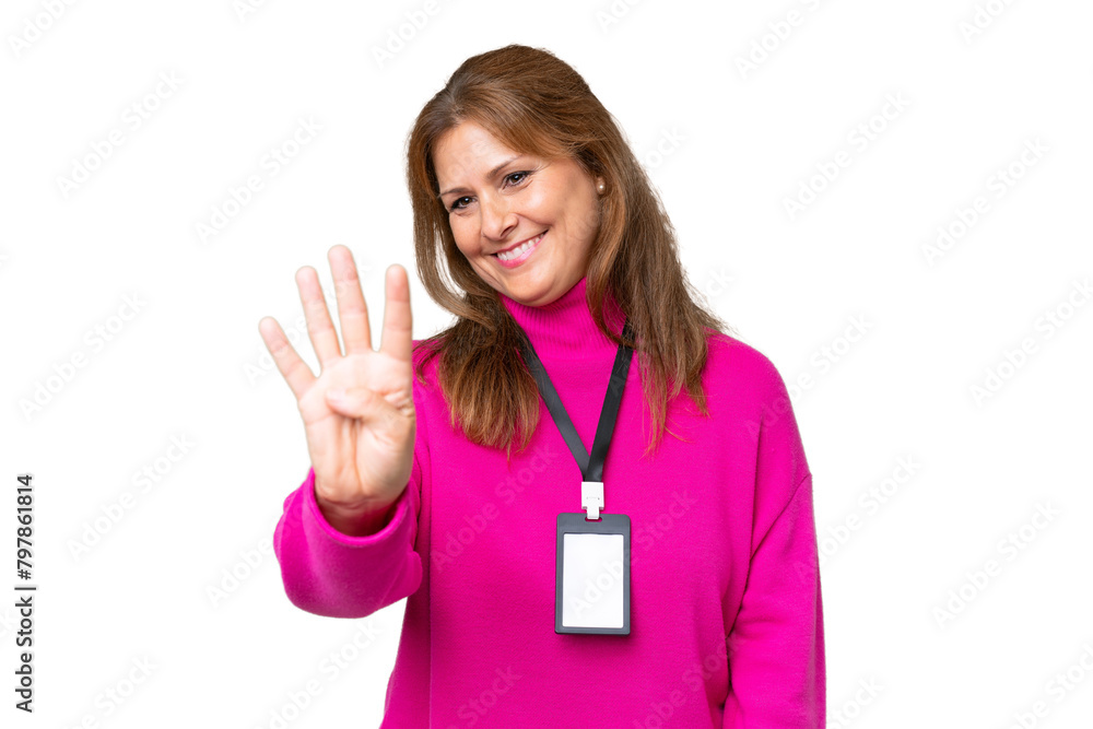 Middle-aged caucasian woman with ID card over isolated background happy and counting four with fingers Middle-aged caucasian woman with ID card over isolated background happy and counting four with fingers