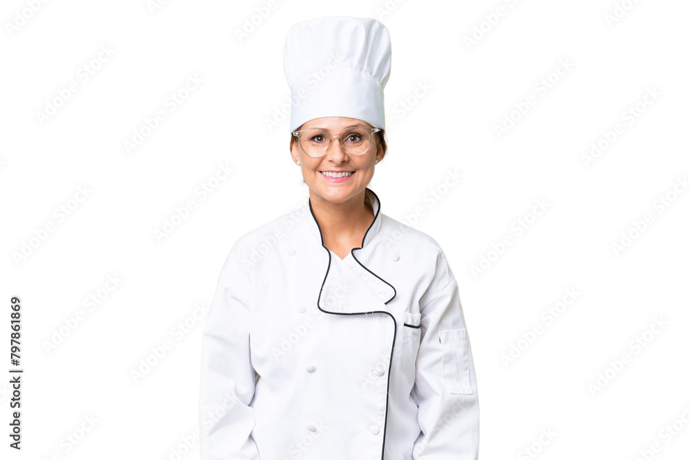 Middle-aged chef woman over isolated background with glasses and happy Middle-aged chef woman over isolated background with glasses and happy
