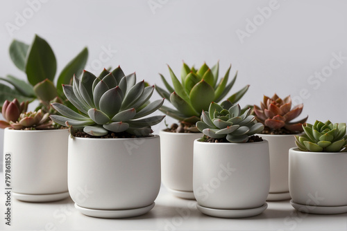 Indoor succulents in white pots against a white wall. Generated by AI