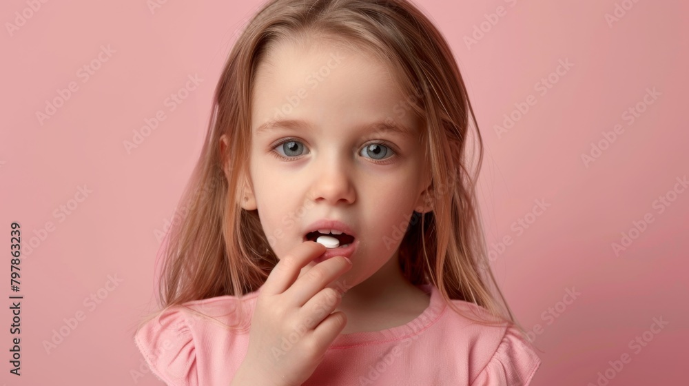 Little girl eating capsule for medication feeling sick, blonde long hair isolated pink background Little girl eating capsule for medication feeling sick, blonde long hair isolated pink background