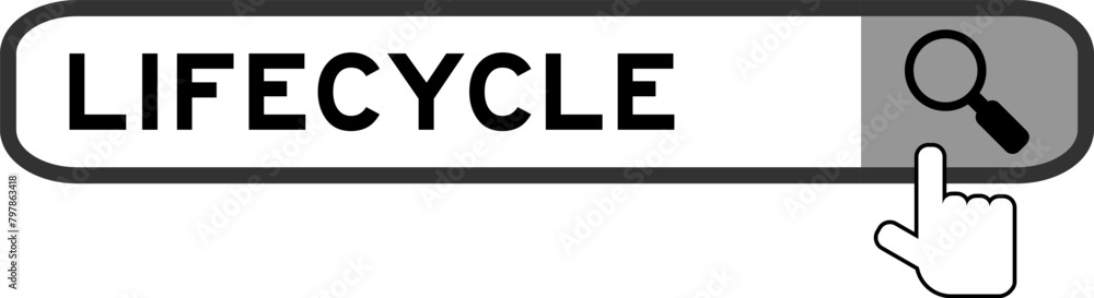 Search banner in word lifecycle with hand over magnifier icon on white background Search banner in word lifecycle with hand over magnifier icon on white background