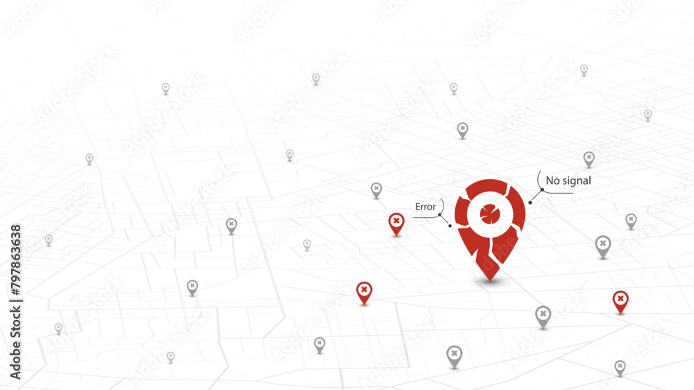 Fototapeta premium Error with maps navigation with red color point markers. Navigation system broke. Vector illustration on white background