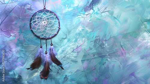 Beautiful dream catcher hanging against blue wall background ,Dream catcher with feathers threads and beads rope hanging