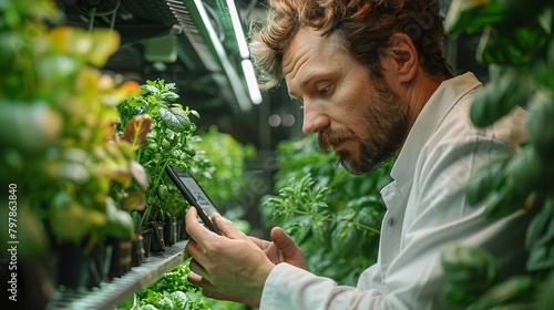 Experienced male biochemist studying crops on state-of-the-art vertical farm, using tablet to grow organic produce in advanced greenhouse. Visual effects display information. photo