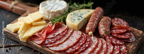 Board with sliced sausage and gourmet cheeses. selective focus. Generative AI, photo