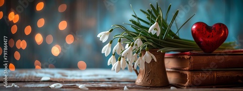 Snowdrop flowers in vase and books on table, spring background. selective focus, Generative AI, photo