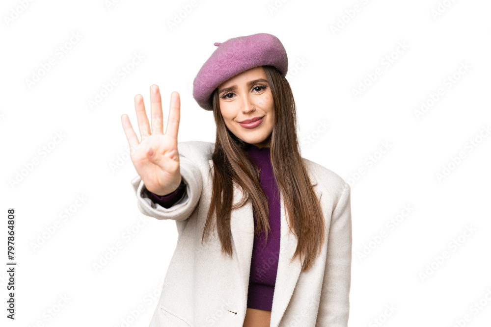 Young beautiful woman over isolated chroma key background happy and counting four with fingers Young beautiful woman over isolated chroma key background happy and counting four with fingers