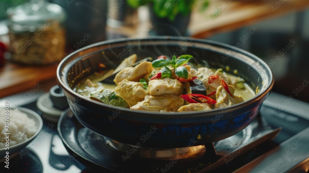 A bowl of aromatic green curry simmering on a stovetop, filled with tender chicken and vibrant Thai eggplants, ready to be enjoyed with rice. A bowl of aromatic green curry simmering on a stovetop, filled with tender chicken and vibrant Thai eggplants, ready to be enjoyed with rice.
