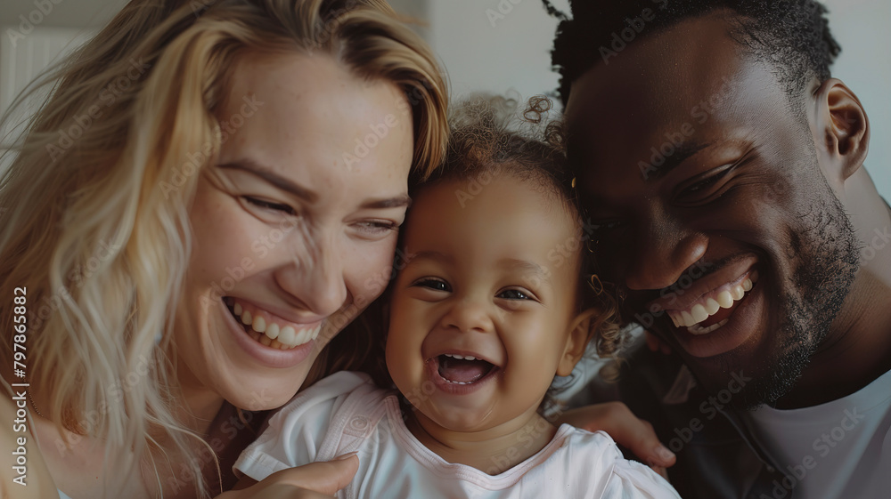 Close up of a happy multiethnic family with a child laughing together at home Close up of a happy multiethnic family with a child laughing together at home