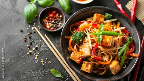 A bowl of spicy vegetarian noodles, bursting with colorful vegetables and tofu, offering a satisfying and healthy meal option.