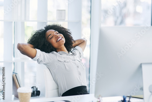Quadro em tela Finish, relax or calm businesswoman with smile in office for task achievement, good news or success