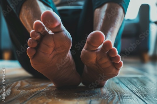 Close-up of the bare feet of a seated man photo