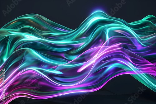Vibrant neon waves of green and purple with blue light streaks. Abstract art on black background.