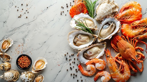 Variety of seafood with vegetables and herbs on a dark marble background. Food advertising. Banner, menu.