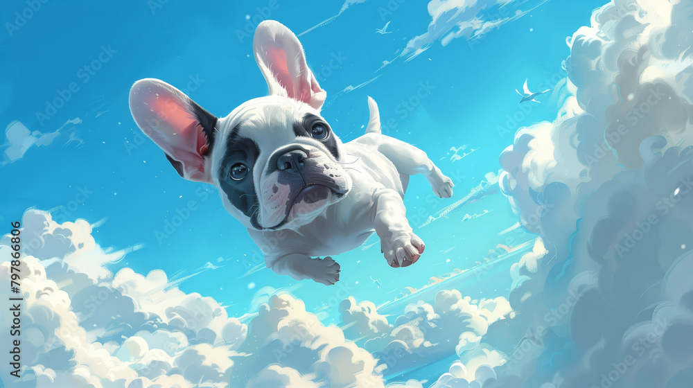 Cartoon French Bulldog Flying Amidst Fluffy Clouds
