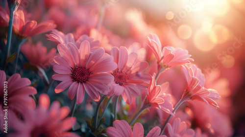 A bunch of pink flowers with a bright sun shining on them