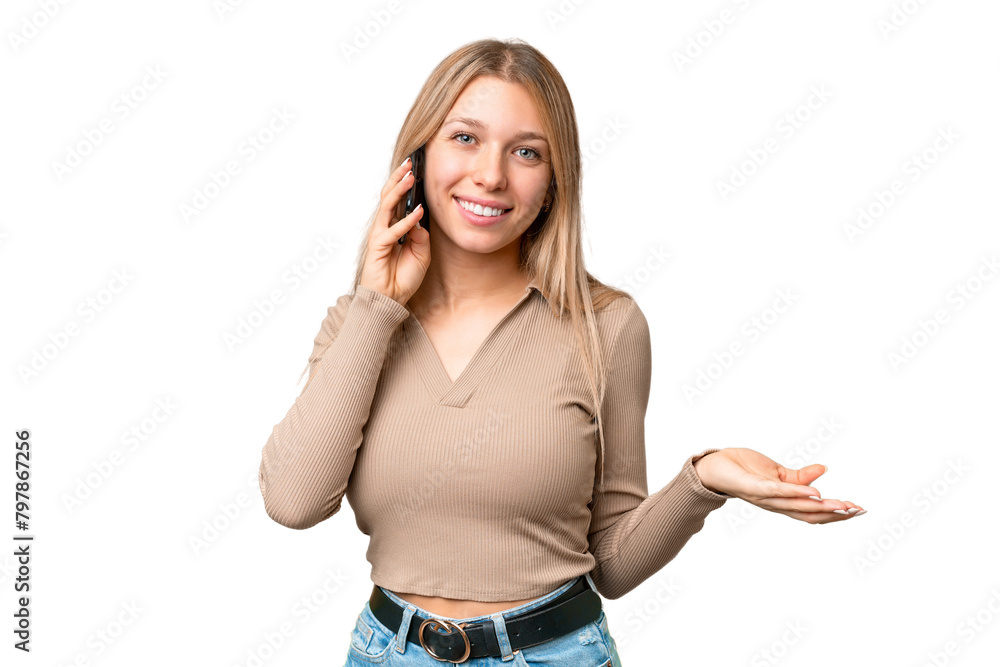 Young pretty blonde woman over isolated chroma key background keeping a conversation with the mobile phone with someone Young pretty blonde woman over isolated chroma key background keeping a conversation with the mobile phone with someone