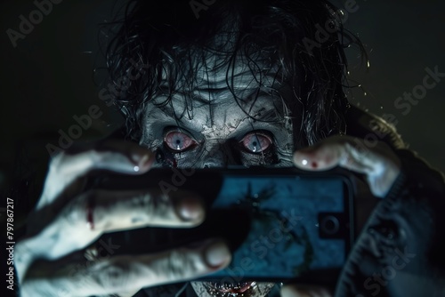 Zombie staring at smarphone screen. photo