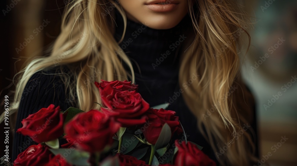 A young woman in black, holding a rose A young woman in black, holding a rose
