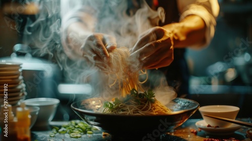 A chef adding the final touches to a bowl of steaming hot noodles, sprinkling on fragrant herbs and chili flakes for extra heat.