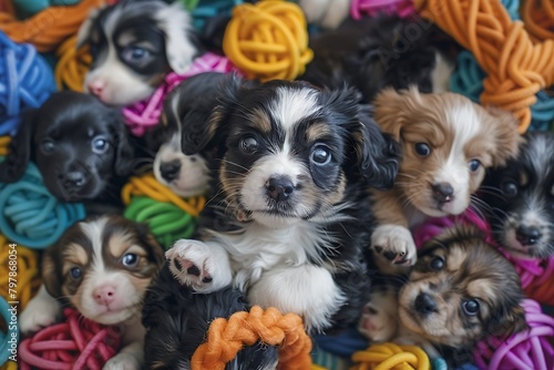 A captivating image of a group of exuberant puppies playfully tumbling over each other amidst a vibrant assortment of chew toys.