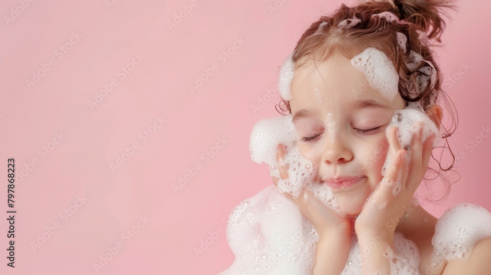 Little girl washing her face with foam cleanser skincare treatment sanitary from bacteria