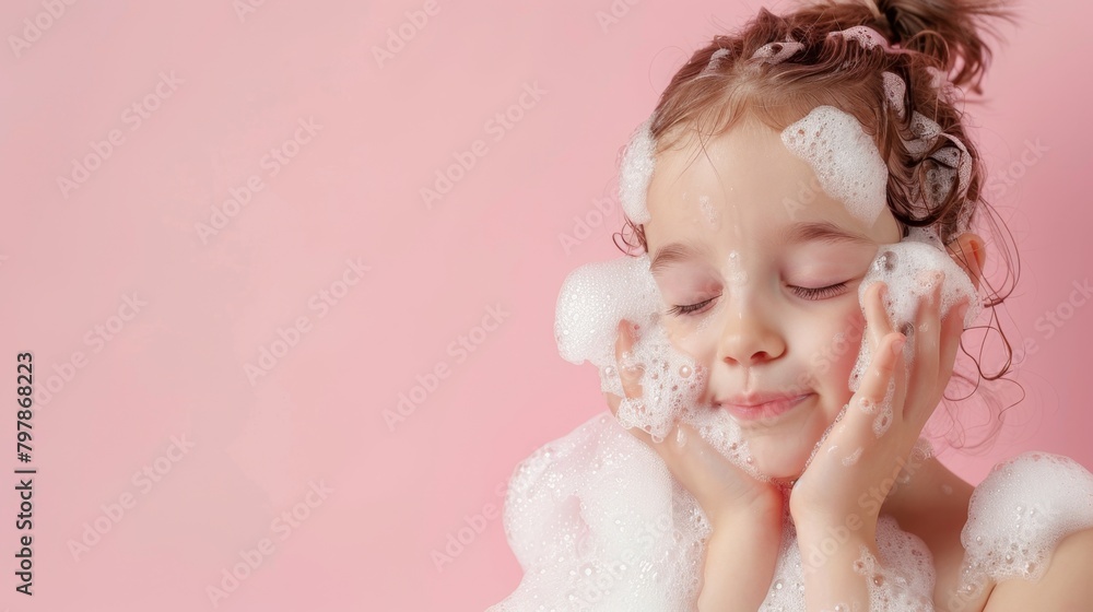 Little girl washing her face with foam cleanser skincare treatment sanitary from bacteria Little girl washing her face with foam cleanser skincare treatment sanitary from bacteria