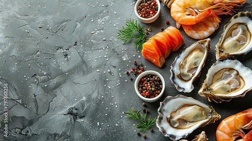 Variety of seafood with vegetables and herbs on a dark marble background. Food advertising. Banner, menu.