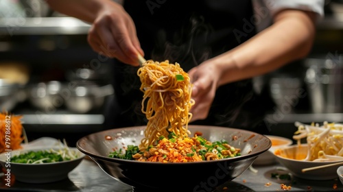 A chef meticulously preparing a bowl of gourmet spicy noodles, arranging ingredients with precision for a visually stunning presentation.