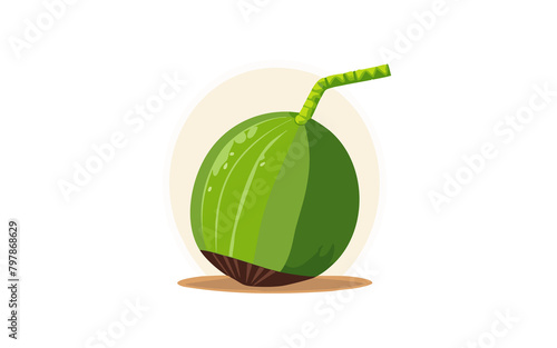 illustrazione di frutto di cocco verde con cannuccia infilata photo