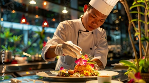 A chef presenting a beautifully plated Thai dessert, delicately garnished with edible flowers and intricate designs, a true feast for the eyes.