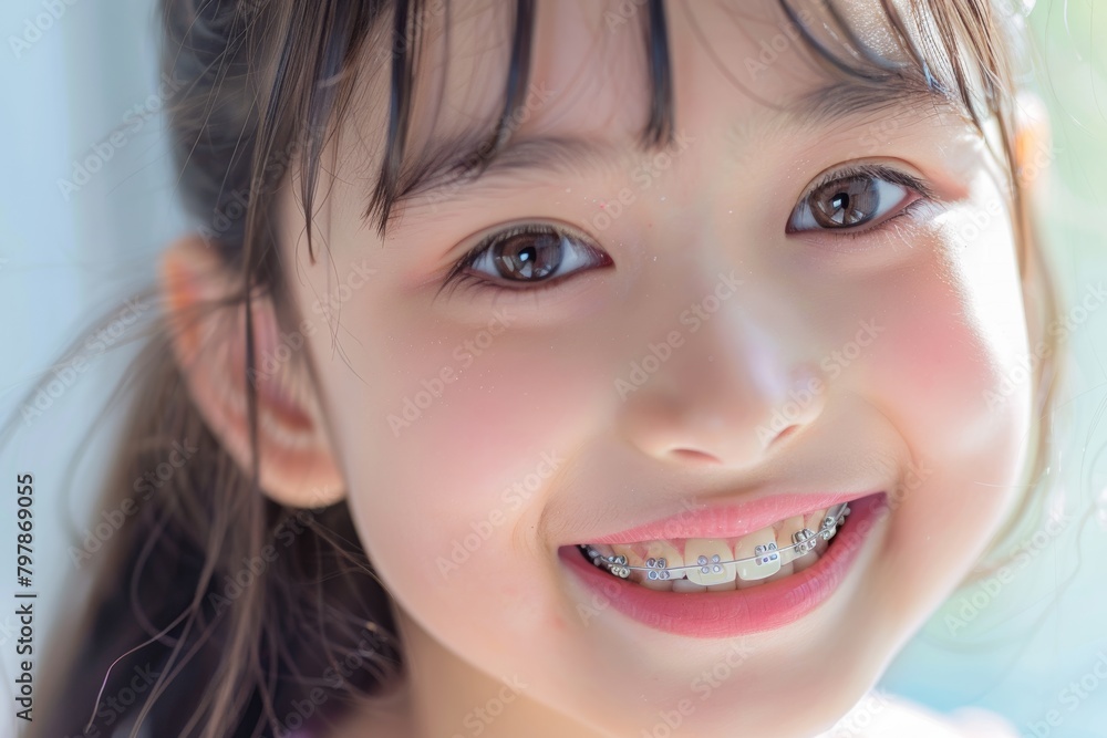 A smile showing teeth with braces in orthodontic treatment, a young asian girl with black ponytail hairstyle isolated on a blurred day background portrait. A smile showing teeth with braces in orthodontic treatment, a young asian girl with black ponytail hairstyle isolated on a blurred day background portrait.