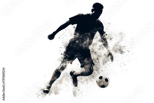 A soccer player is kicking a ball in the air. The image has a mood of excitement and energy  as the player is in motion and focused on the ball