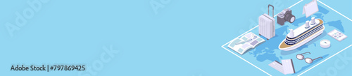isometric background banner illustration of travel and tourism、travel around the world with cruise ship