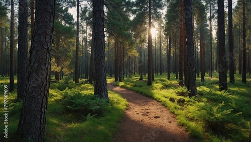 This is a photo of a dirt path in a forest. The path is surrounded by tall pine trees and the forest is dense. photo