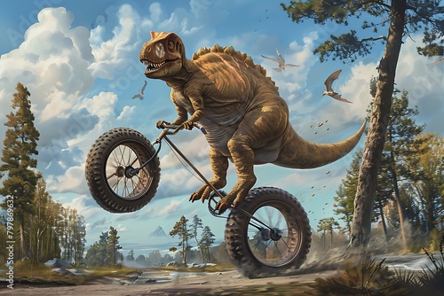 A chubby, clumsy dinosaur trying to ride a unicycle, causing chaos and laughter in a prehistoric park. photo