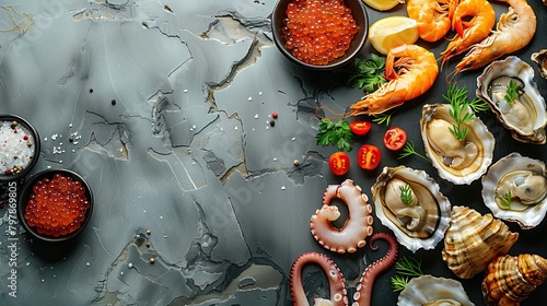 Variety of seafood with vegetables and herbs on a dark marble background. Food advertising. Banner, menu.