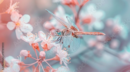 A close-up of a dragonfly perched on a delicate blossom, its slender legs and intricate wing patterns adding to the floral allure.