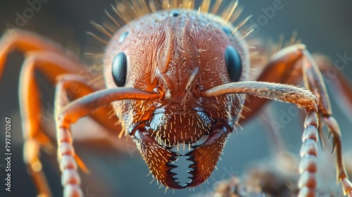 A close-up of a fire ant's mandibles gripping onto a piece of food with determination