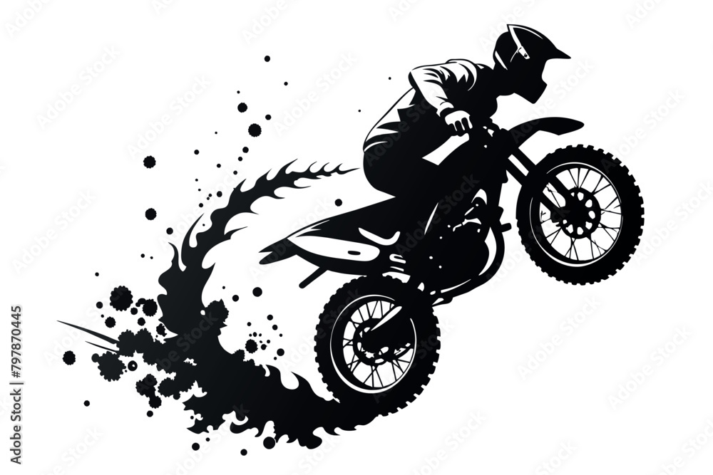 A male motorcyclist participates in a sport motocross race on a dirt road. Waves of sand and swamp particles fly out from under the wheels. Black silhouette on white background