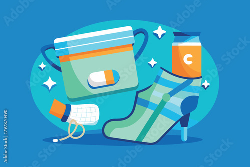 concept of medical items in case of foot injuries. plasters, bandages, bandages and other items