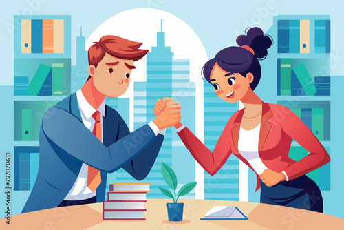 an arm wrestling contest between a man and a woman businessman. sparring in business.