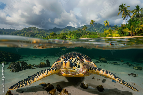 Ocean Guardian: Close-Up of Hawksbill Turtle in Natural Habitat, endeared spices. 