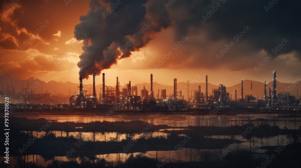 Oil refinery at sunset. Oil and gas industry. Refinery.