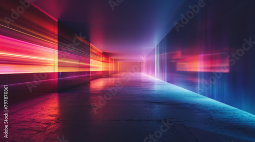 A long, empty hallway with neon lights and a blue wall
