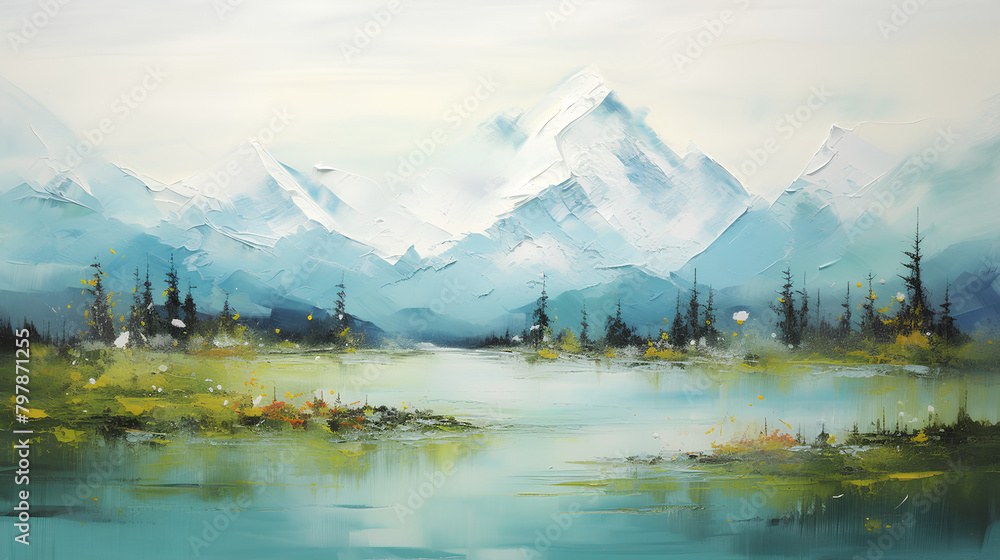  Alpine Serenity, Impressionist Mountain Landscape, Peaceful Lake